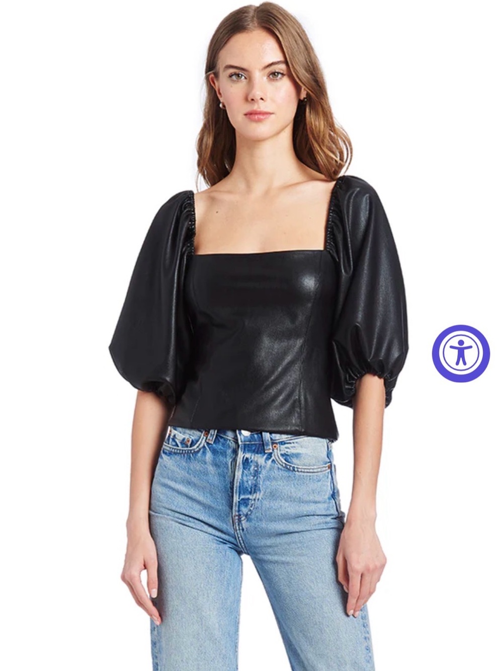Amanda Uprichard Black Faux Leather Puff-Sleeve Square-Neck Top